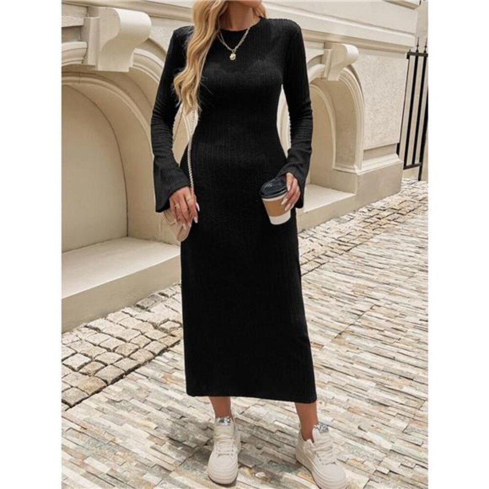 Ribbed Knit Long Sleeve Midi Dress